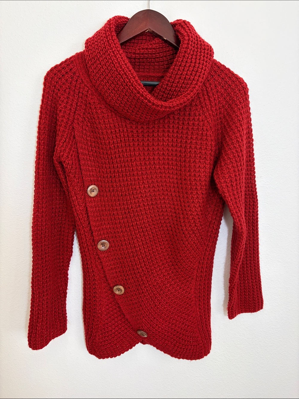 Red Waffle-Knit Cowl Neck Sweater with Button Detail